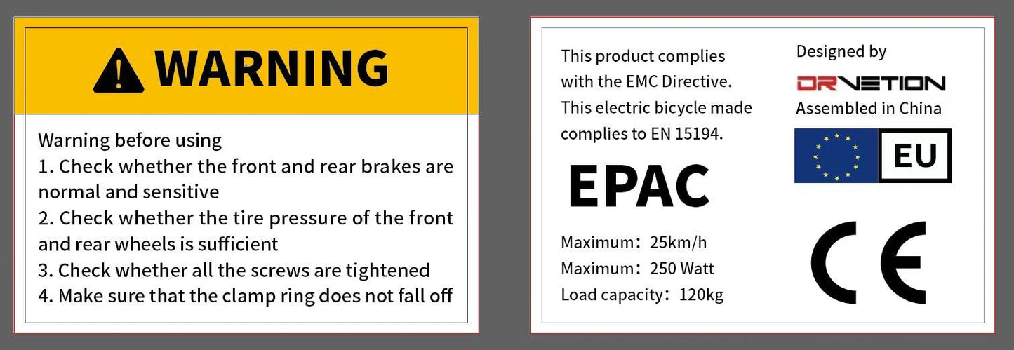 CE and Warning Stickers - Drvetion E-Bike